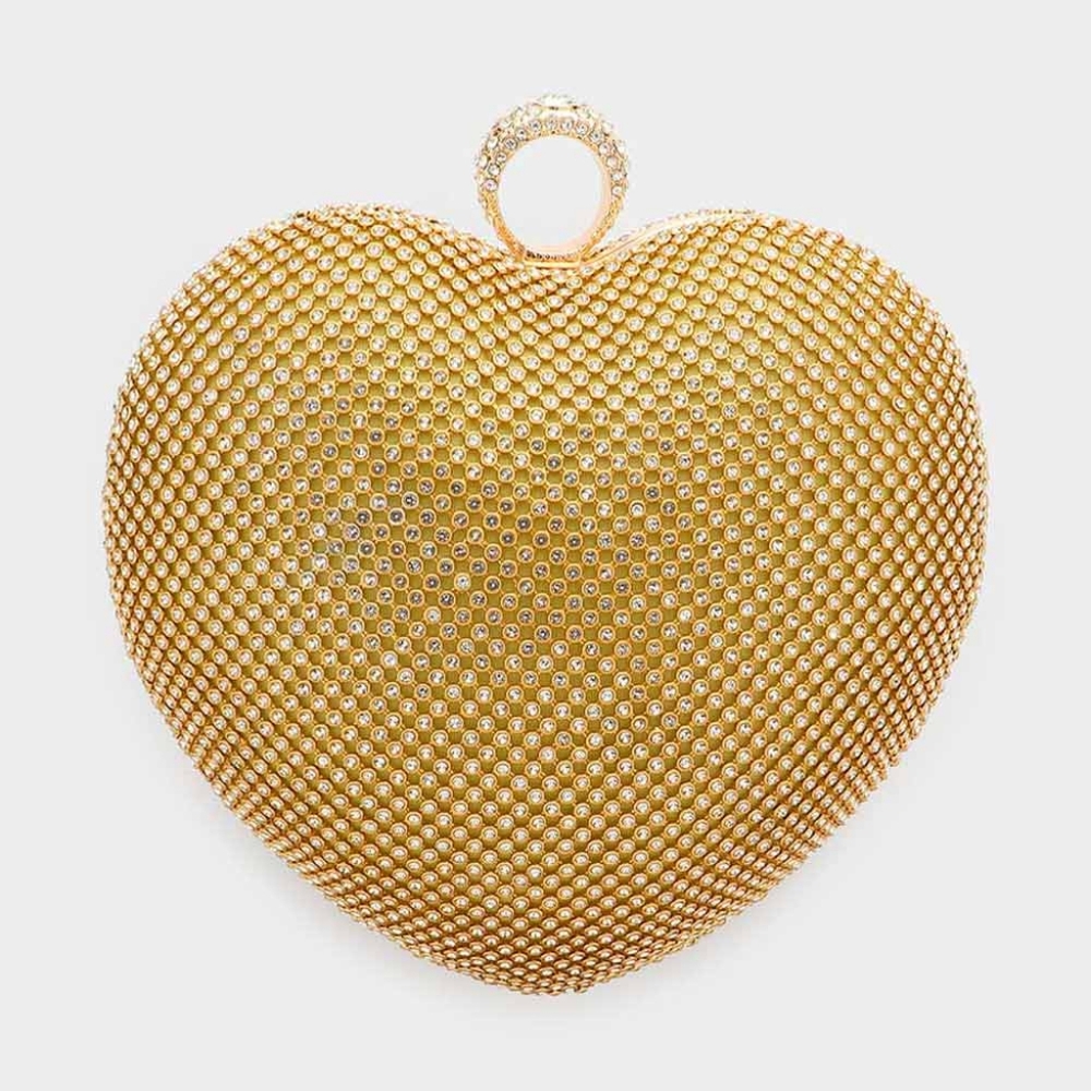 Gold Crystal Rhinestone Heart CrossBody Purse Cute Bling Clutch Fashion Bag